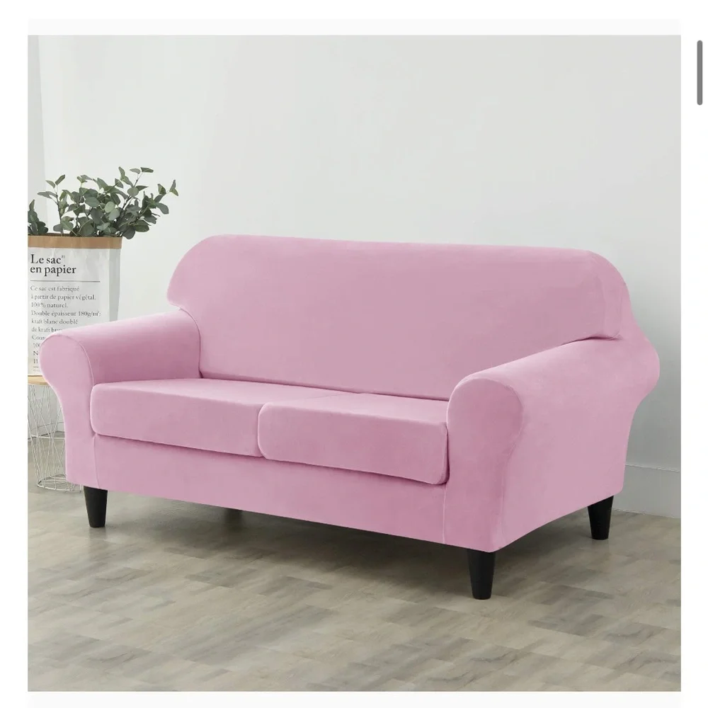 Pink Velvet Sofa Slipcover Straight 2-Cushion Size Medium